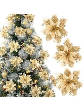 12 Pcs Gold Glitter Poinsettia Flowers - Artificial Christmas Decor with Clips